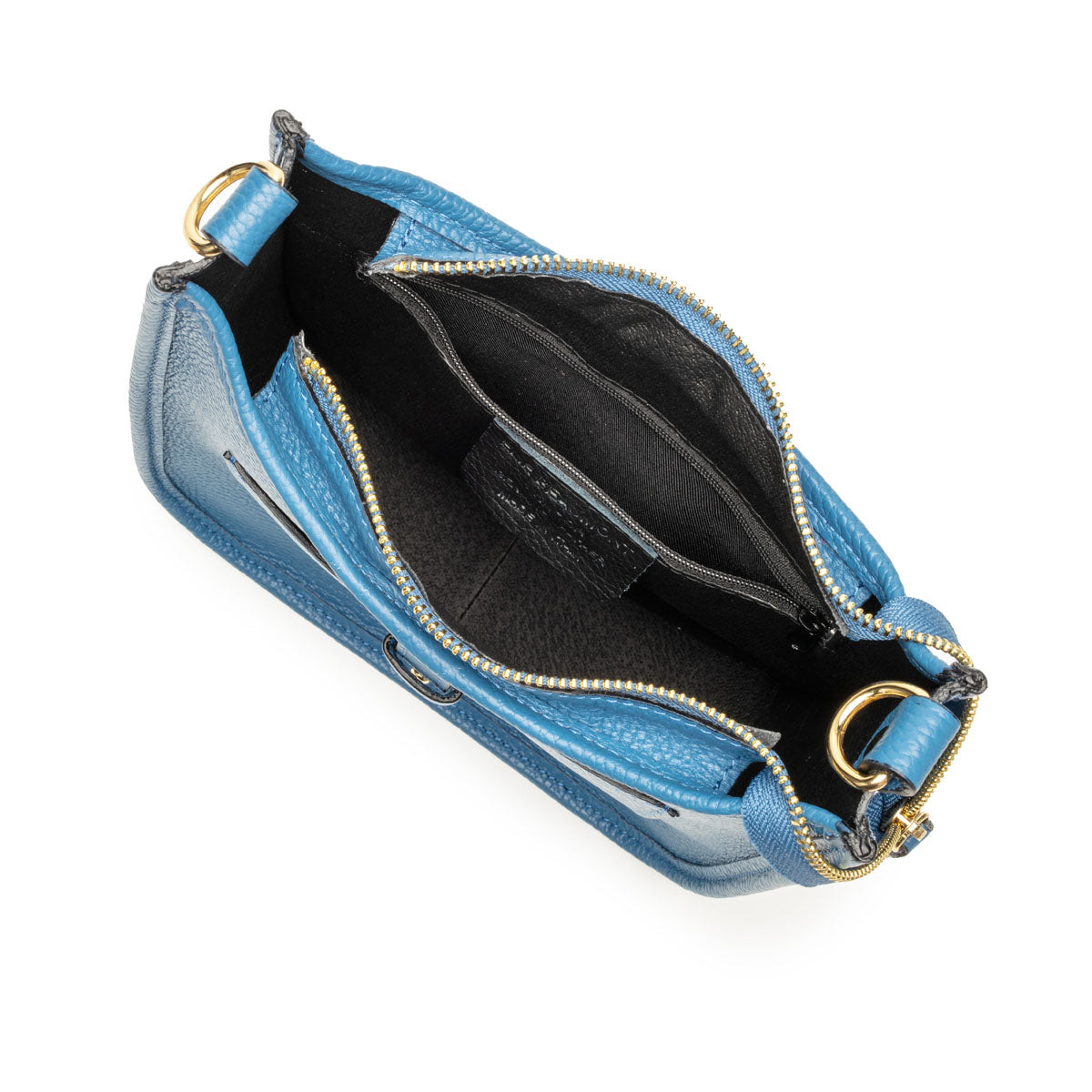 Birds Eye Image of an open French Blue Leather Messenger bag for Women by Elie Beaumont