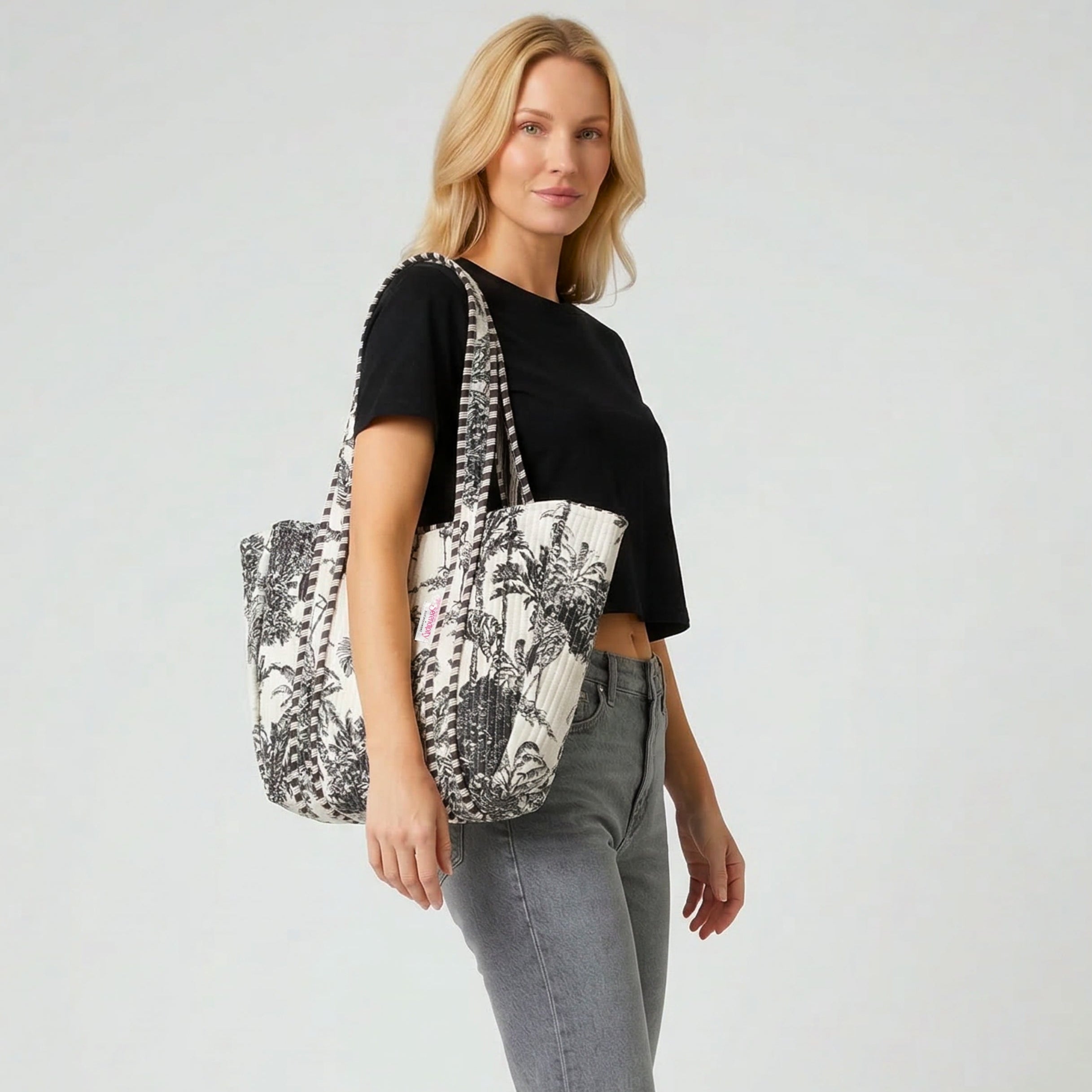 Serendipity Cotton Shoulder Tote - Black & White Crane