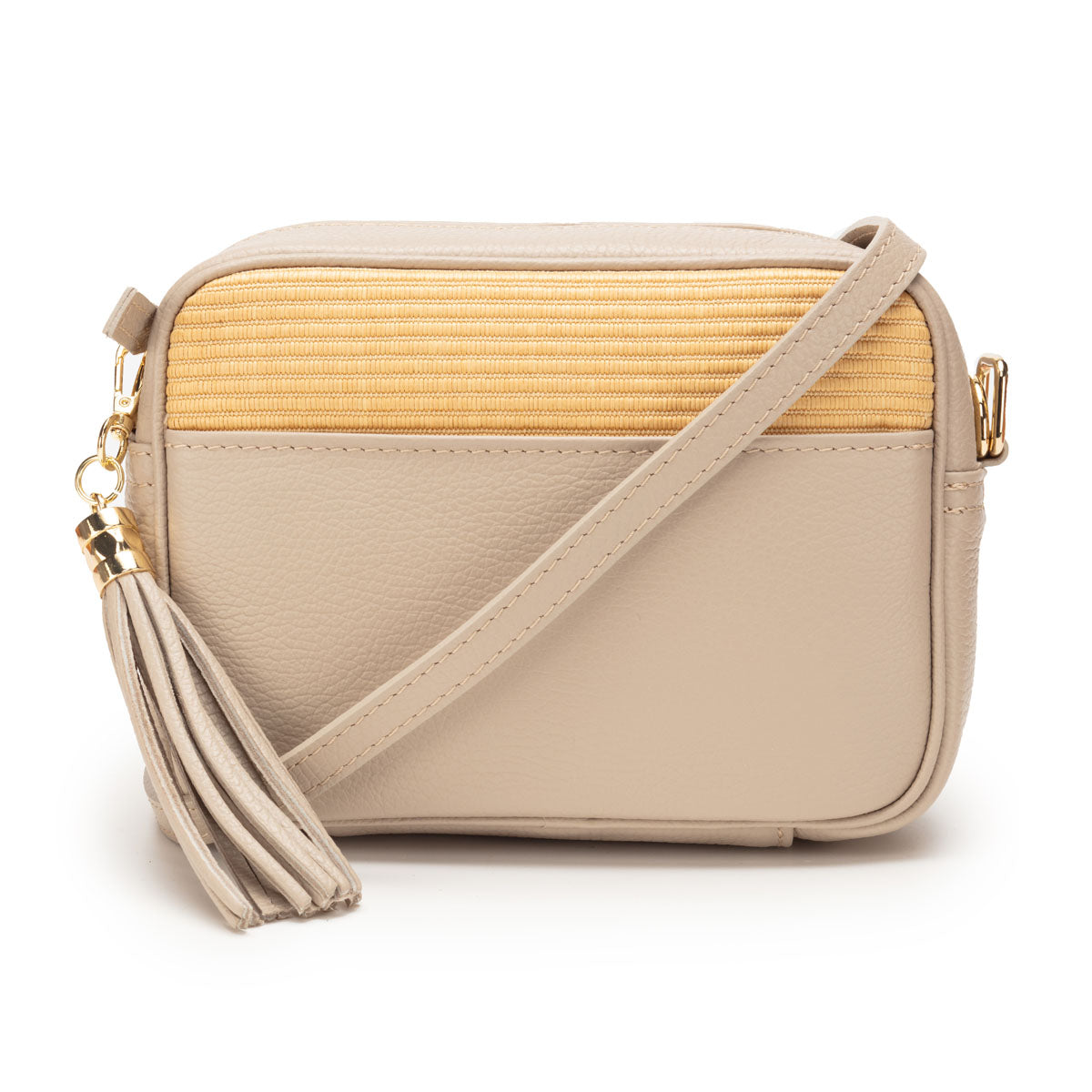 Frontal Image of a Biscuit Beige Raffia Tassel Leather Bag for Women by Elie Beaumont
