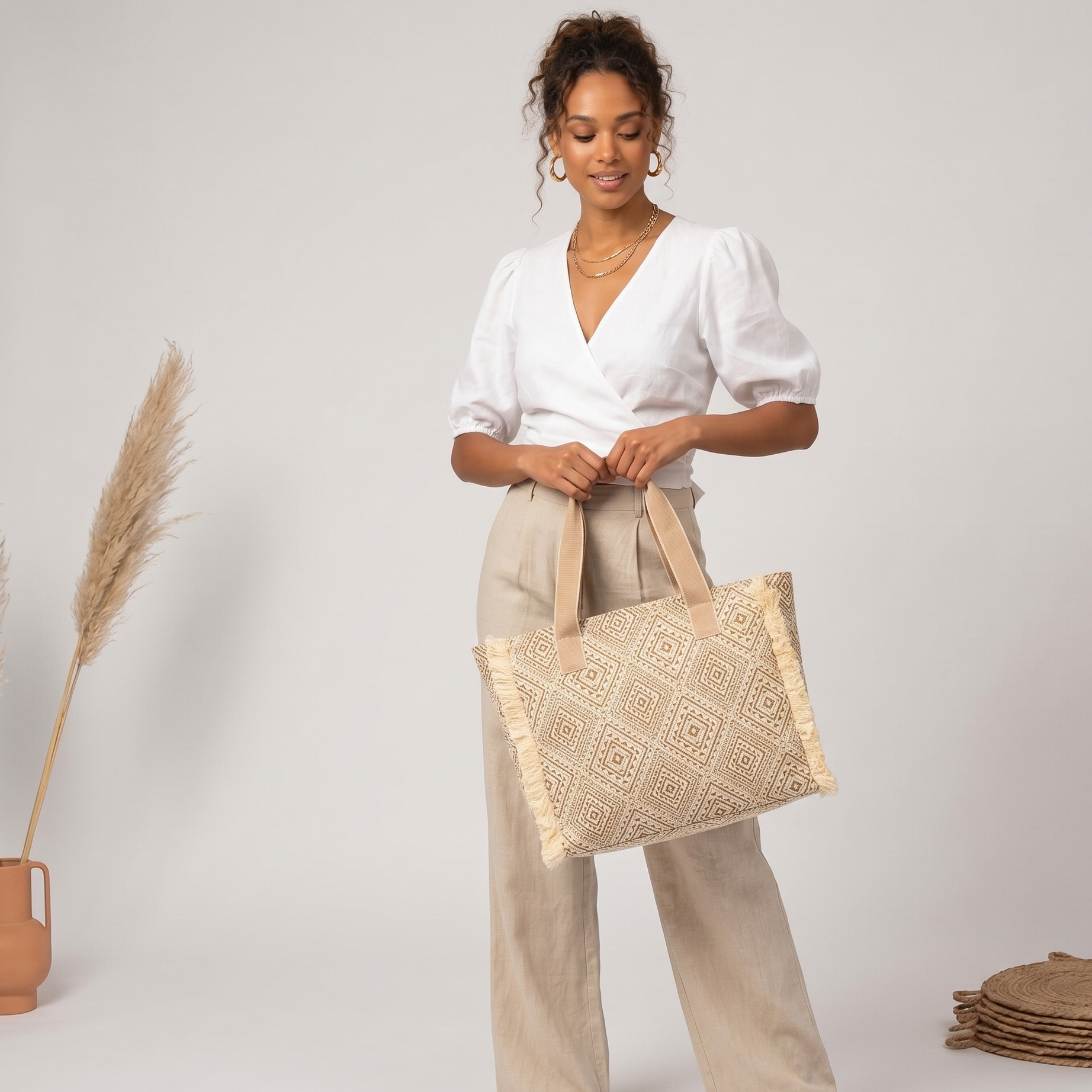 Summer Tote - Fringe Gold Diamond Jacquard weave