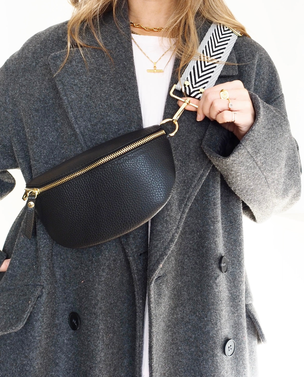 Sling Bag - Black with Grey Chevron Strap