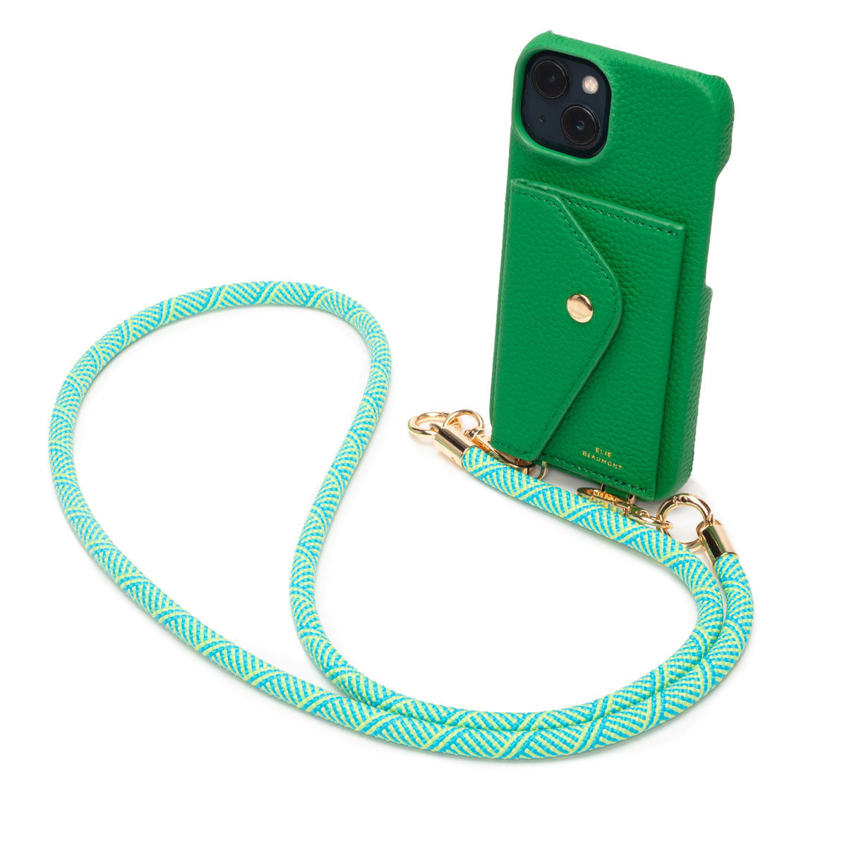 Image of a Jade Hard Leather Phone Pouch with Green Rope Lanyard Strap for Women by Elie Beaumont
