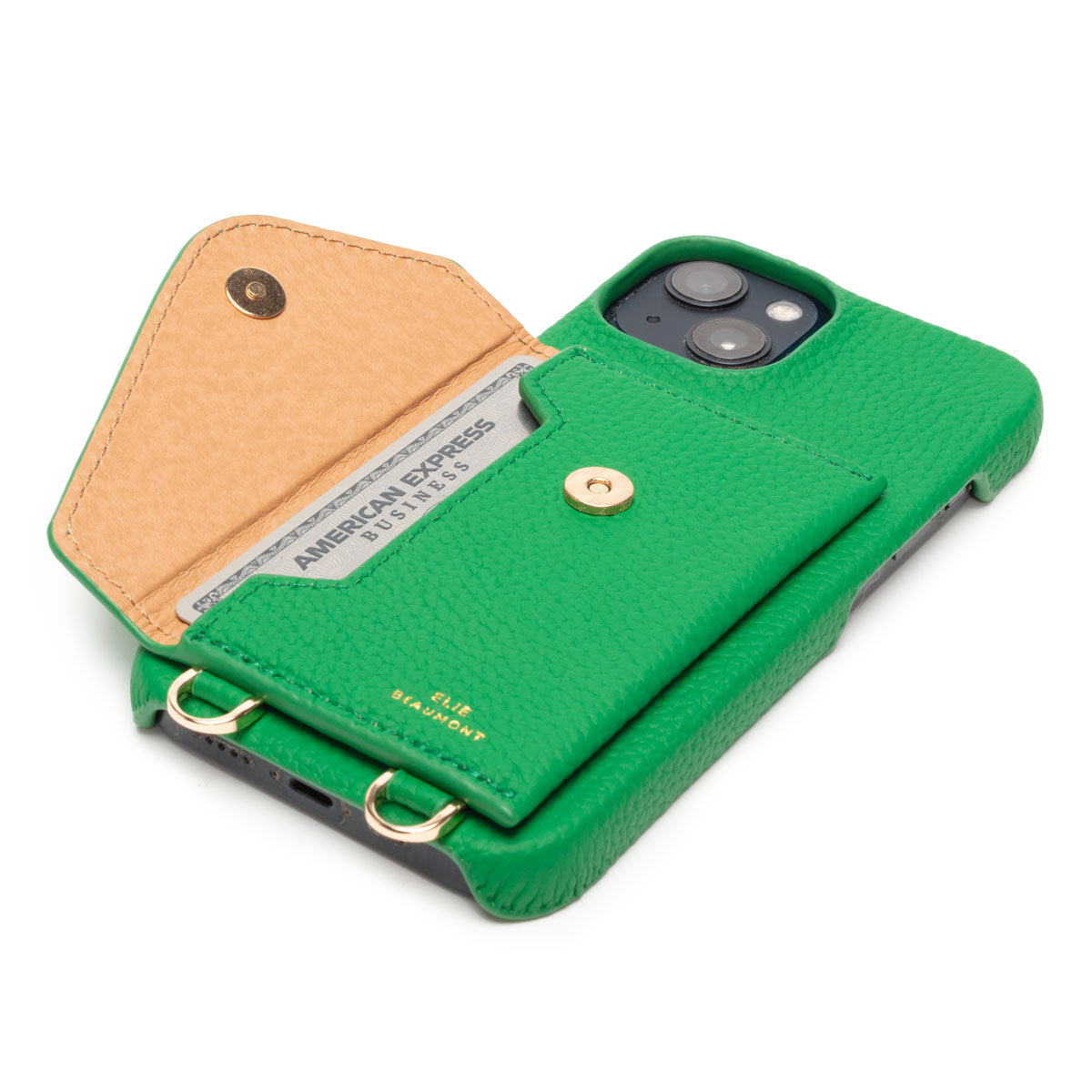Side Image of a Jade Hard Leather iPhone case for Women with open pocket by Elie Beaumont