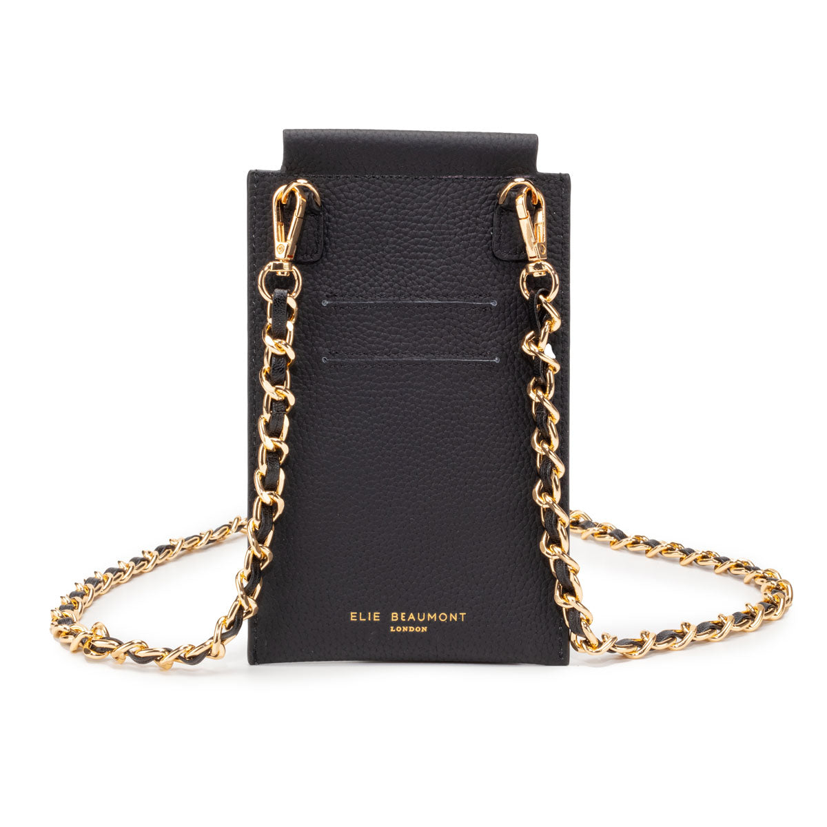 Image of the Black Leather Phone Pouch for Women by Elie Beaumont with Harlequin Lanyard Strap