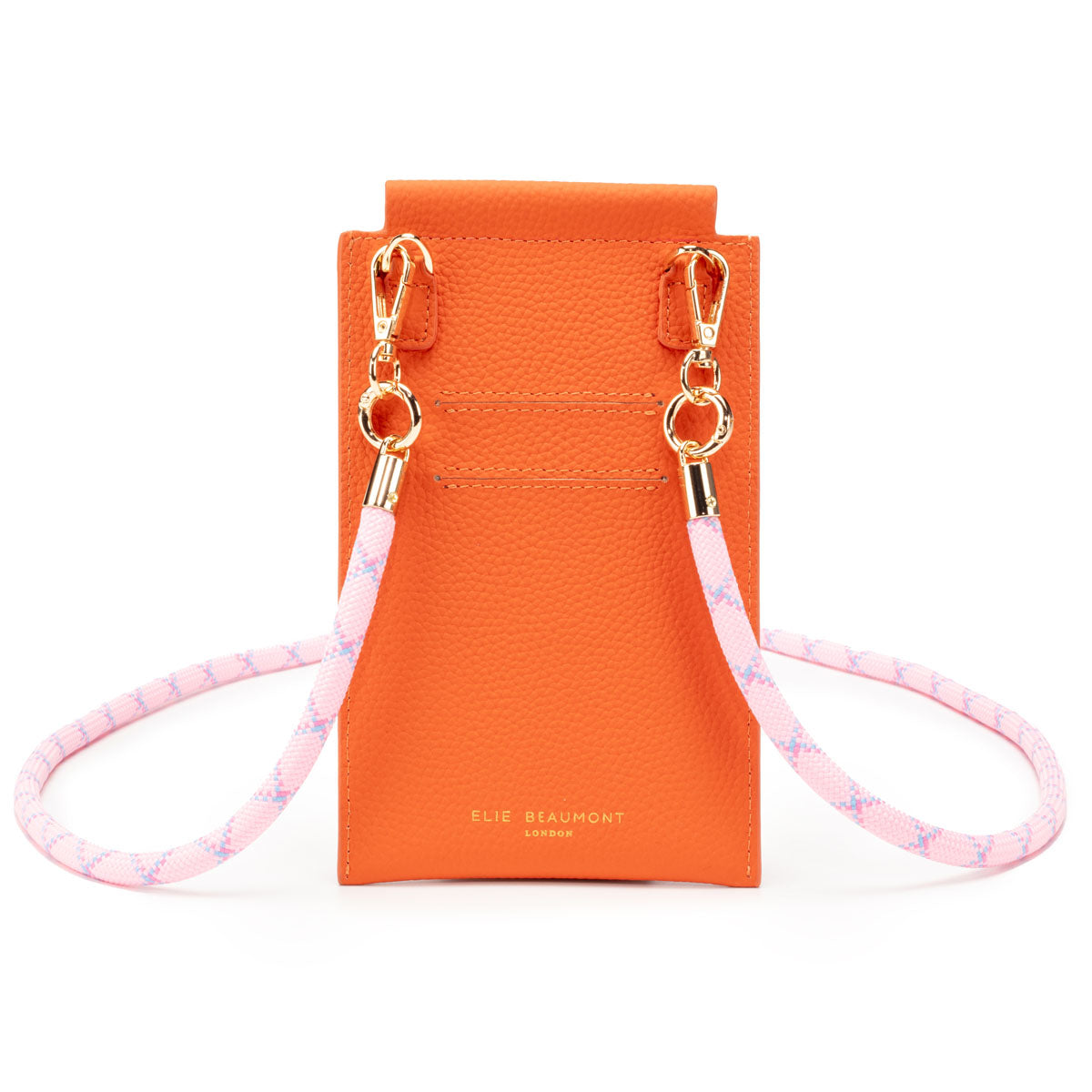 Image of the Orange Leather Phone Pouch for Women by Elie Beaumont with Pink Rope Lanyard Strap