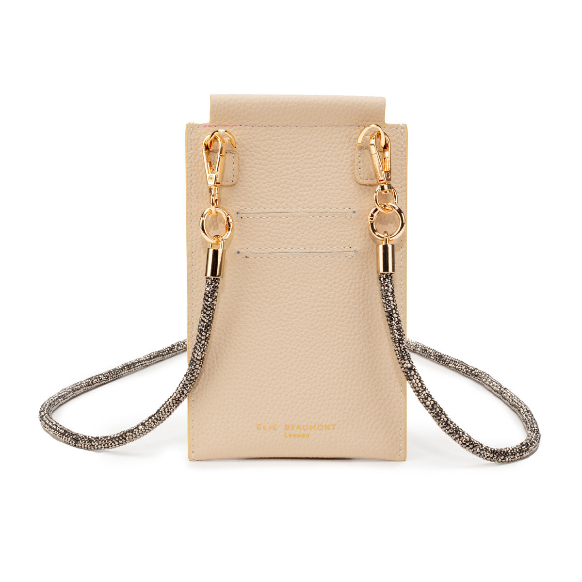 Image of the Light Tan Leather Phone Pouch for Women by Elie Beaumont with Diamante Black Lanyard Strap