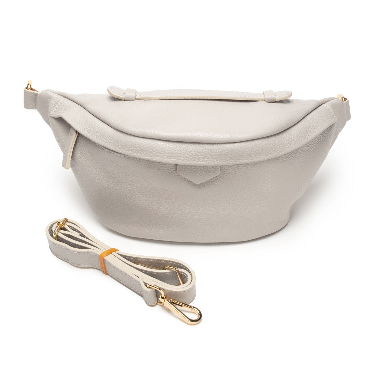 Image of a Light Grey Leather Arc Sling Bag with detached matching strap for Women by Elie Beaumont