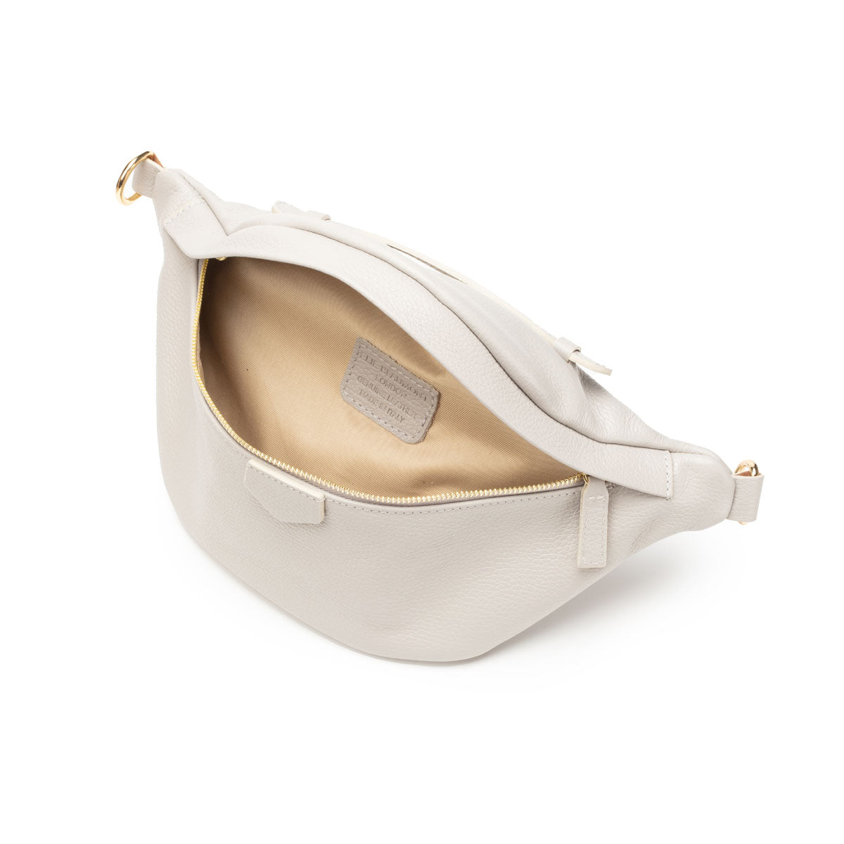 Birds Eye Image of an open Light Grey Leather Arc Sling bag for Women by Elie Beaumont