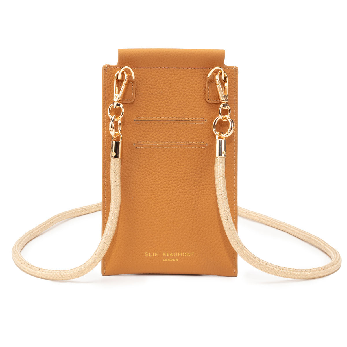 Image of the Light Tan Leather Phone Pouch for Women by Elie Beaumont with Gold Glam Lanyard Strap
