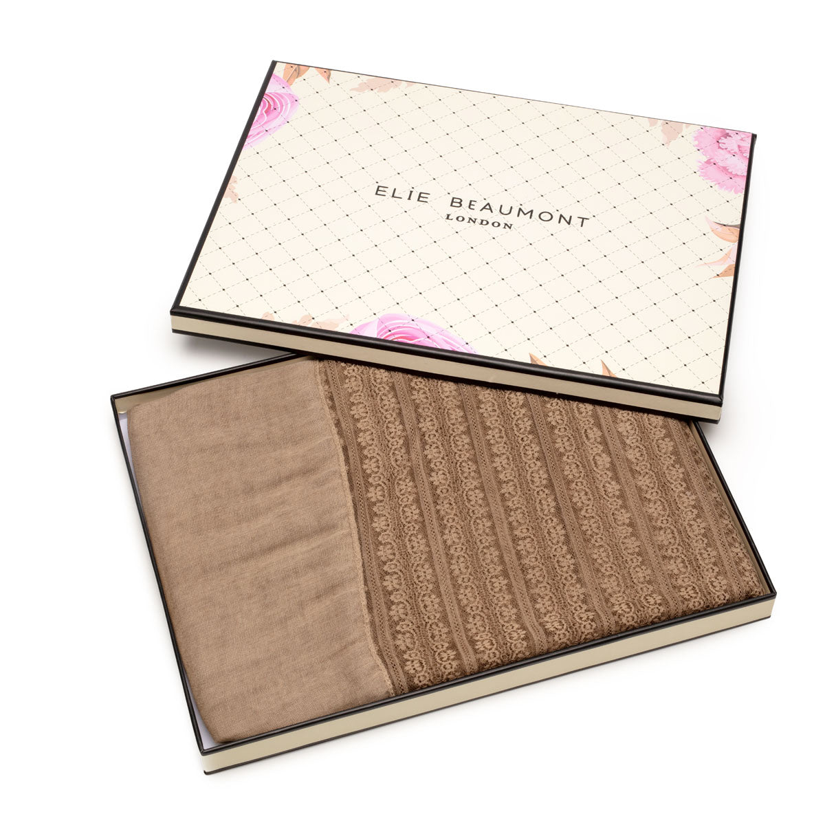 Boxed Image of Linen Lace Coffee Scarf by Elie Beaumont