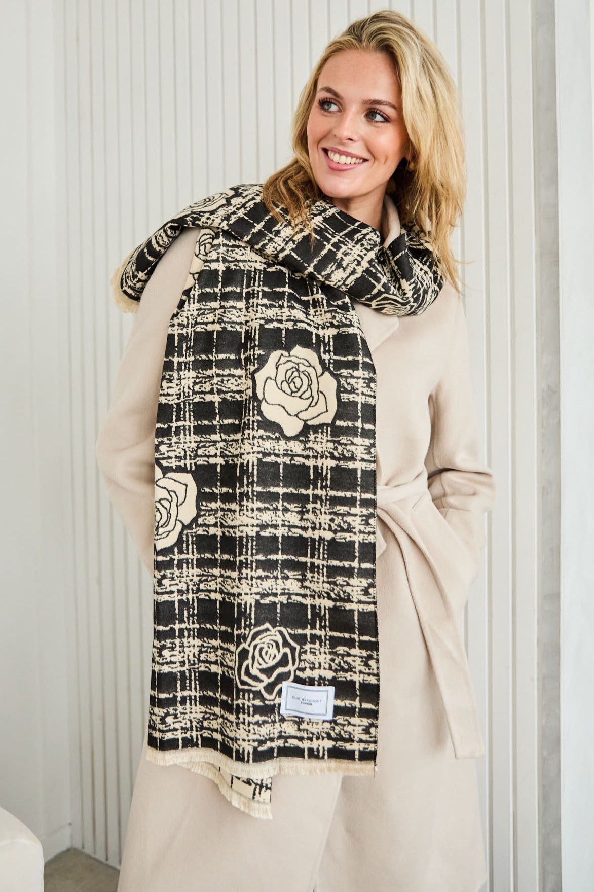 Winter Scarf - Black + Ivory Roses on Checks