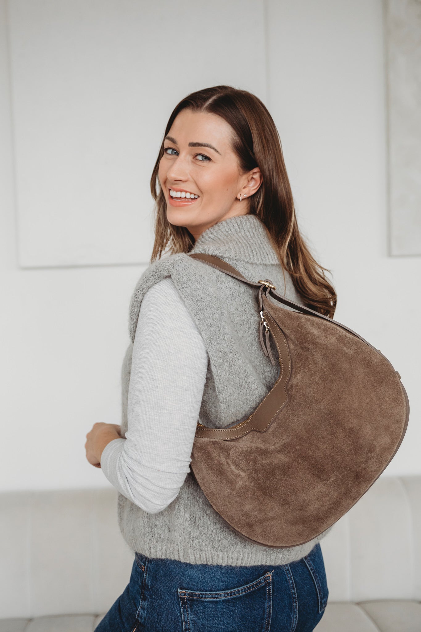 Crescent Suede Bag - Taupe