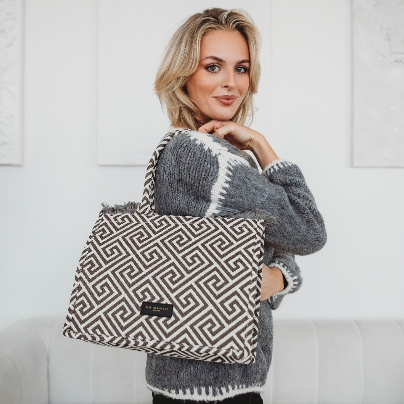 Fabric Tote - Grey Ivory Grecian