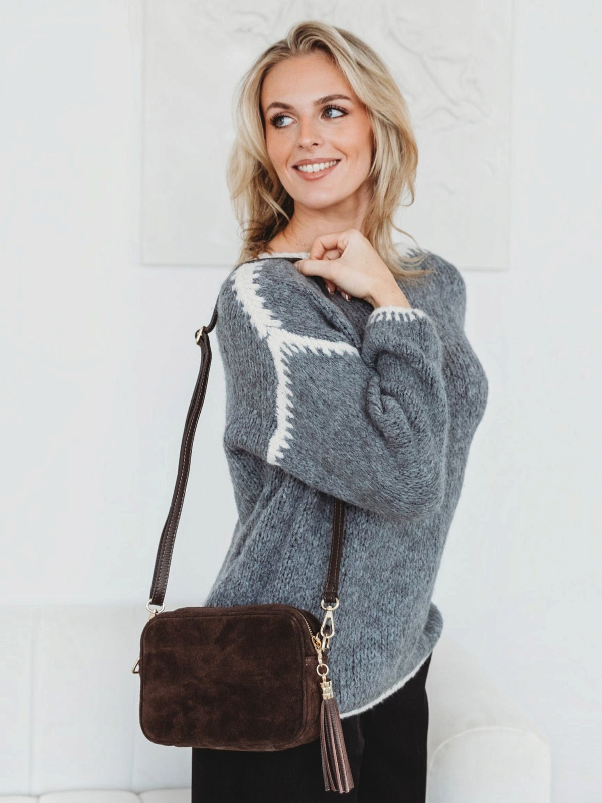 Crossbody Tassel Suede Chocolate Combo-Bag, Gold Card holder & Glasses Case