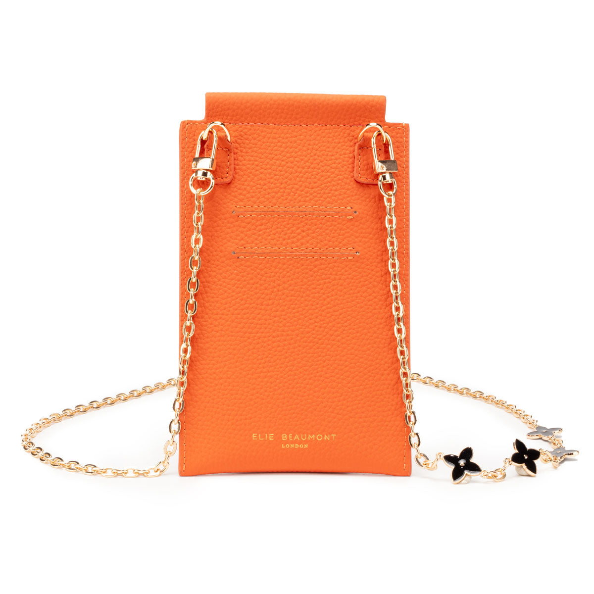 Image of the Orange Leather Phone Pouch for Women by Elie Beaumont with Daisy Chain Lanyard Strap