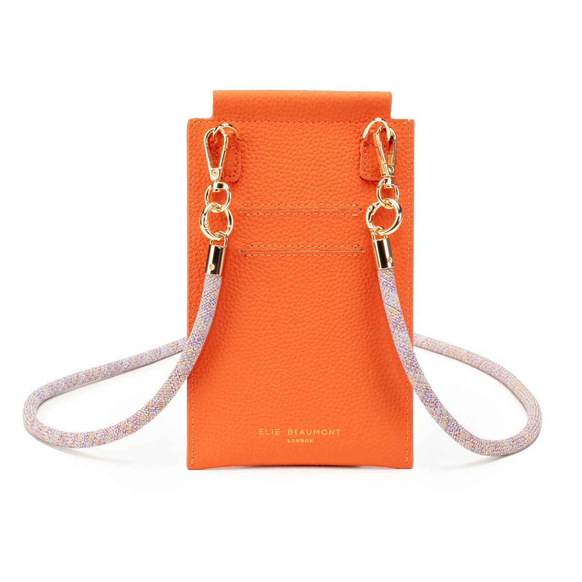 Image of the Orange Leather Phone Pouch for Women by Elie Beaumont with Distressed Grey Lanyard Strap