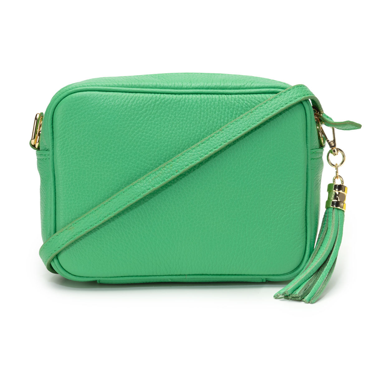 Full frontal Image of a Pistachio Green Leather Crossbody Tassel Bag with matching strap for Women by Elie Beaumont