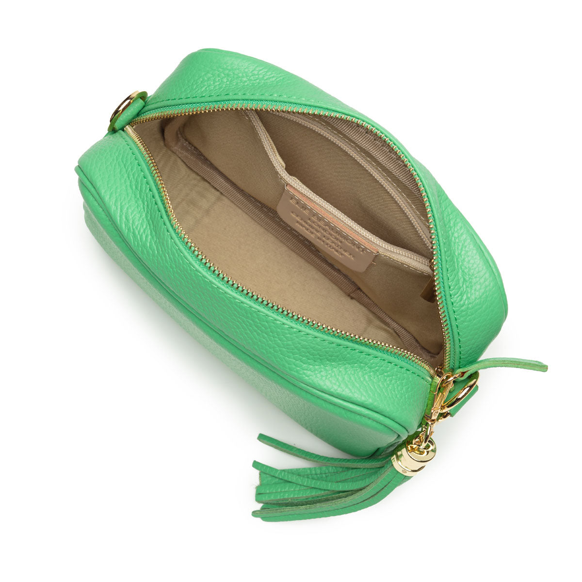 Birds eye view of a Pistachio Green Leather Crossbody Tassel Bag for Women by Elie Beaumont