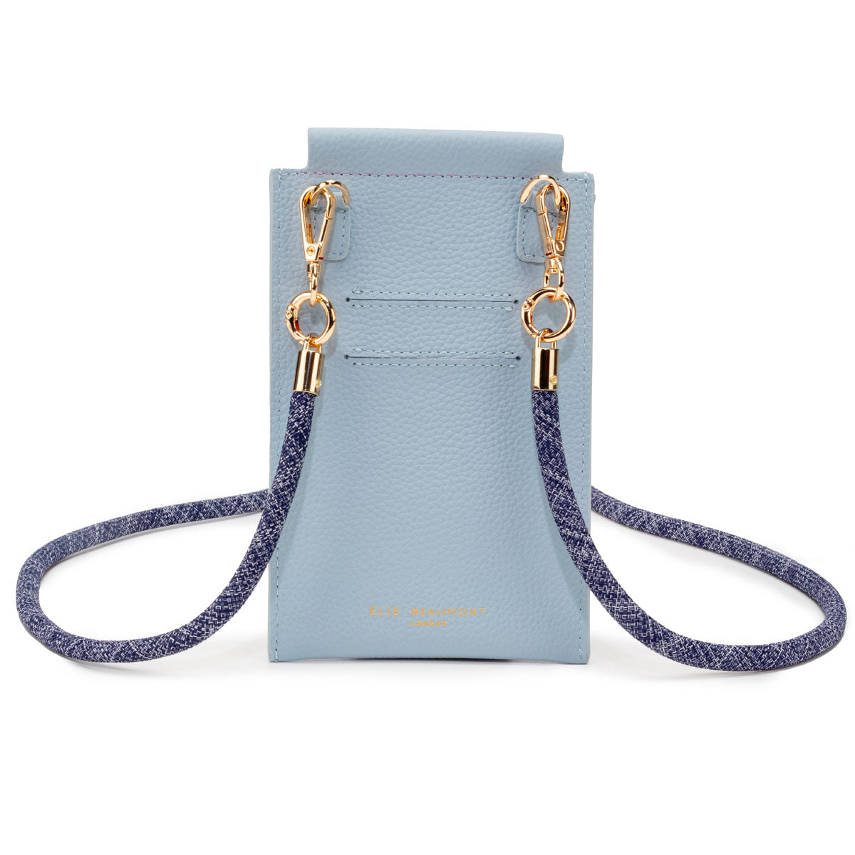 Image of the Powder Blue Leather Phone Pouch for Women by Elie Beaumont with Distressed Denim Lanyard Strap