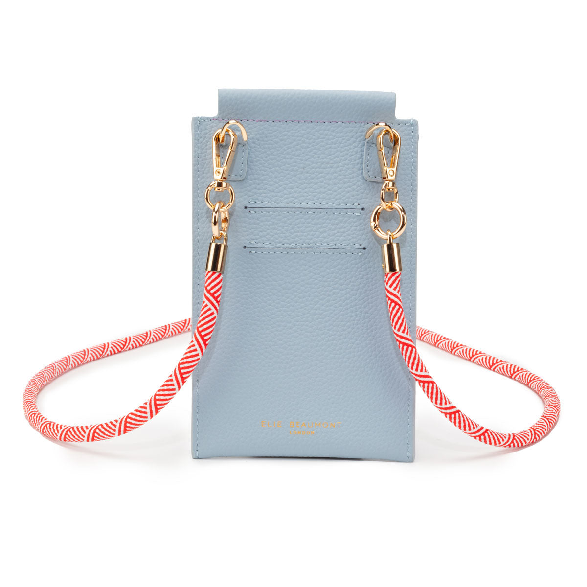 Image of the Powder Blue Leather Phone Pouch for Women by Elie Beaumont with Red Inca Rope Lanyard Strap