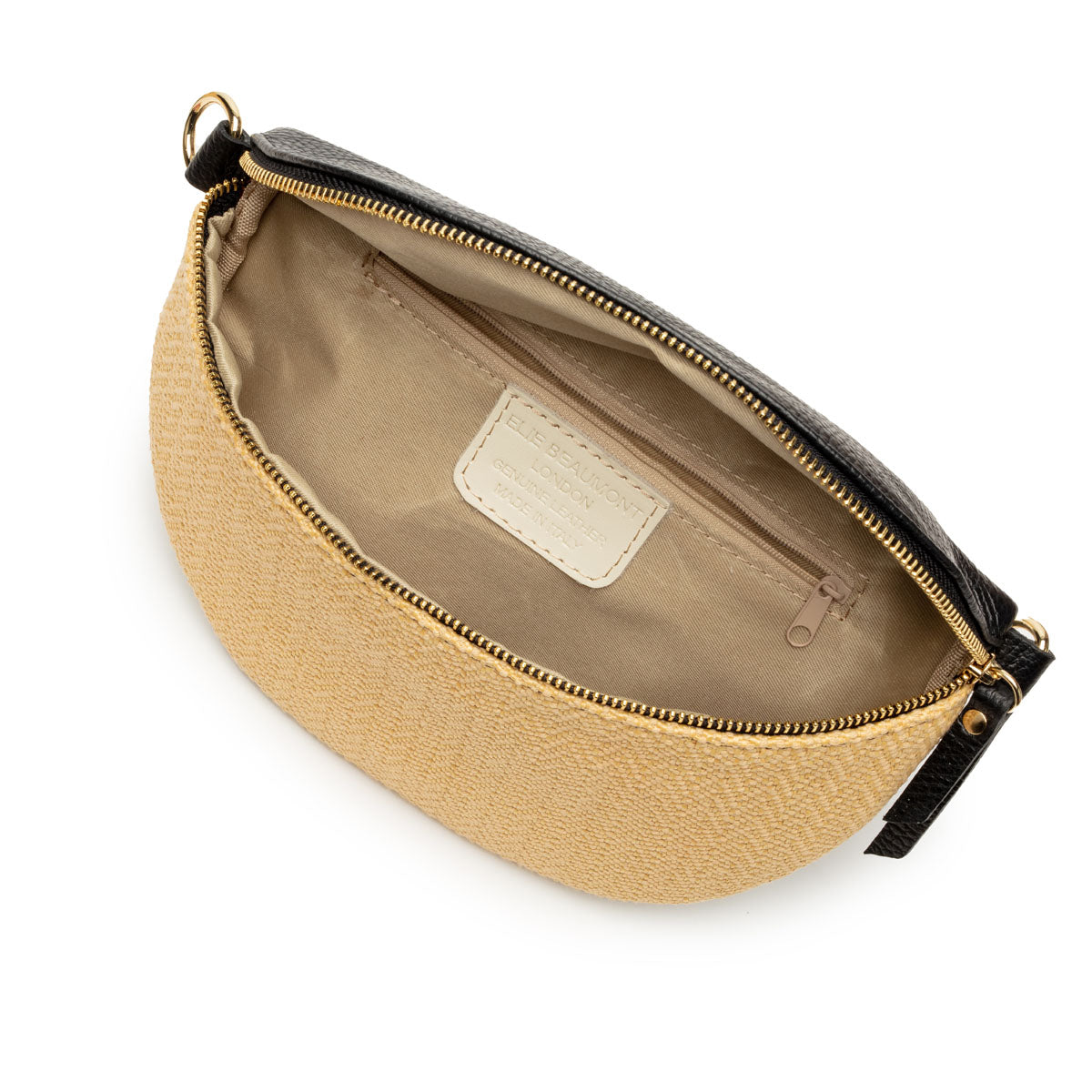 Birds Eye Image of an open Raffia Black Leather Slingbag with matching strap for Women by Elie Beaumont