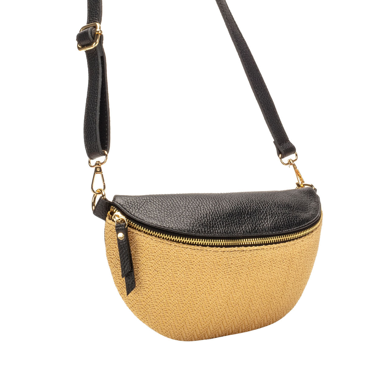 Front View Image of a Raffia Black Leather Slingbag with strap for Women by Elie Beaumont