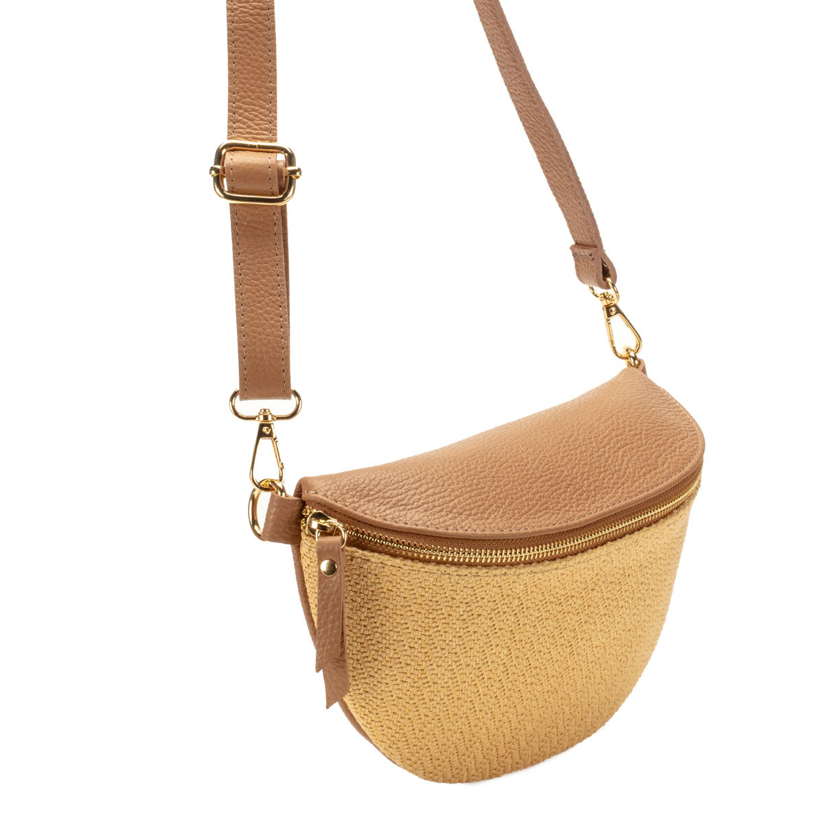 Front View Image of a Raffia Camel Leather Slingbag with strap for Women by Elie Beaumont