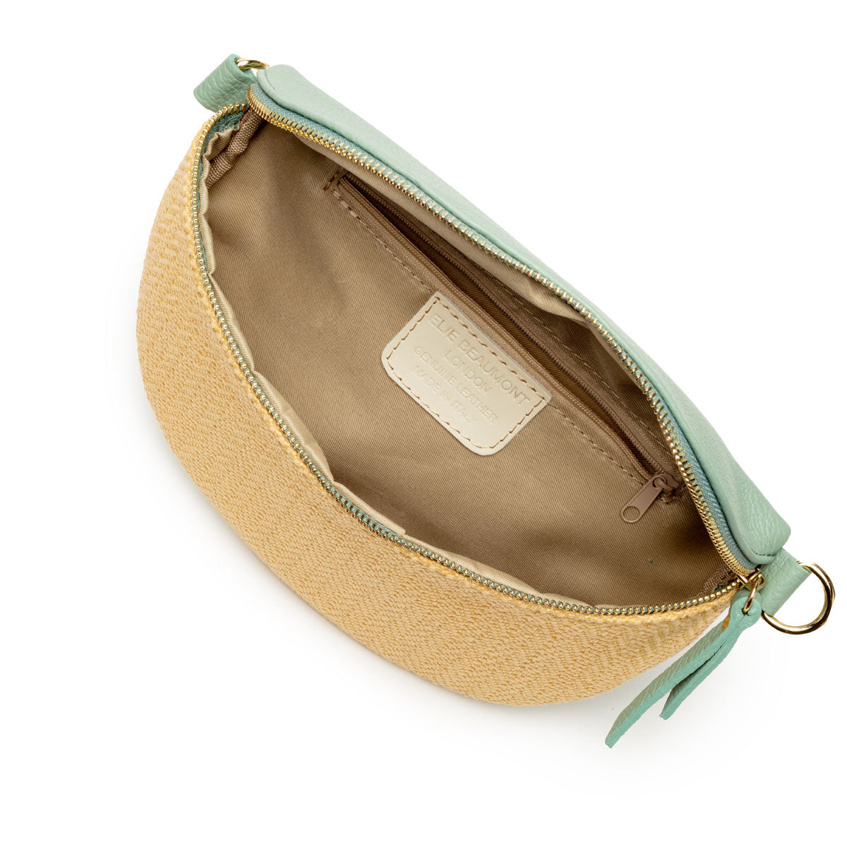 Birds Eye Image of an open Raffia Mint Leather Slingbag with matching strap for Women by Elie Beaumont