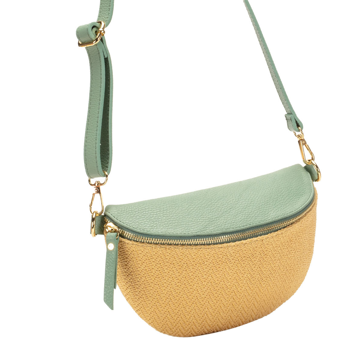 Front View Image of a Raffia Mint Leather Slingbag with strap for Women by Elie Beaumont