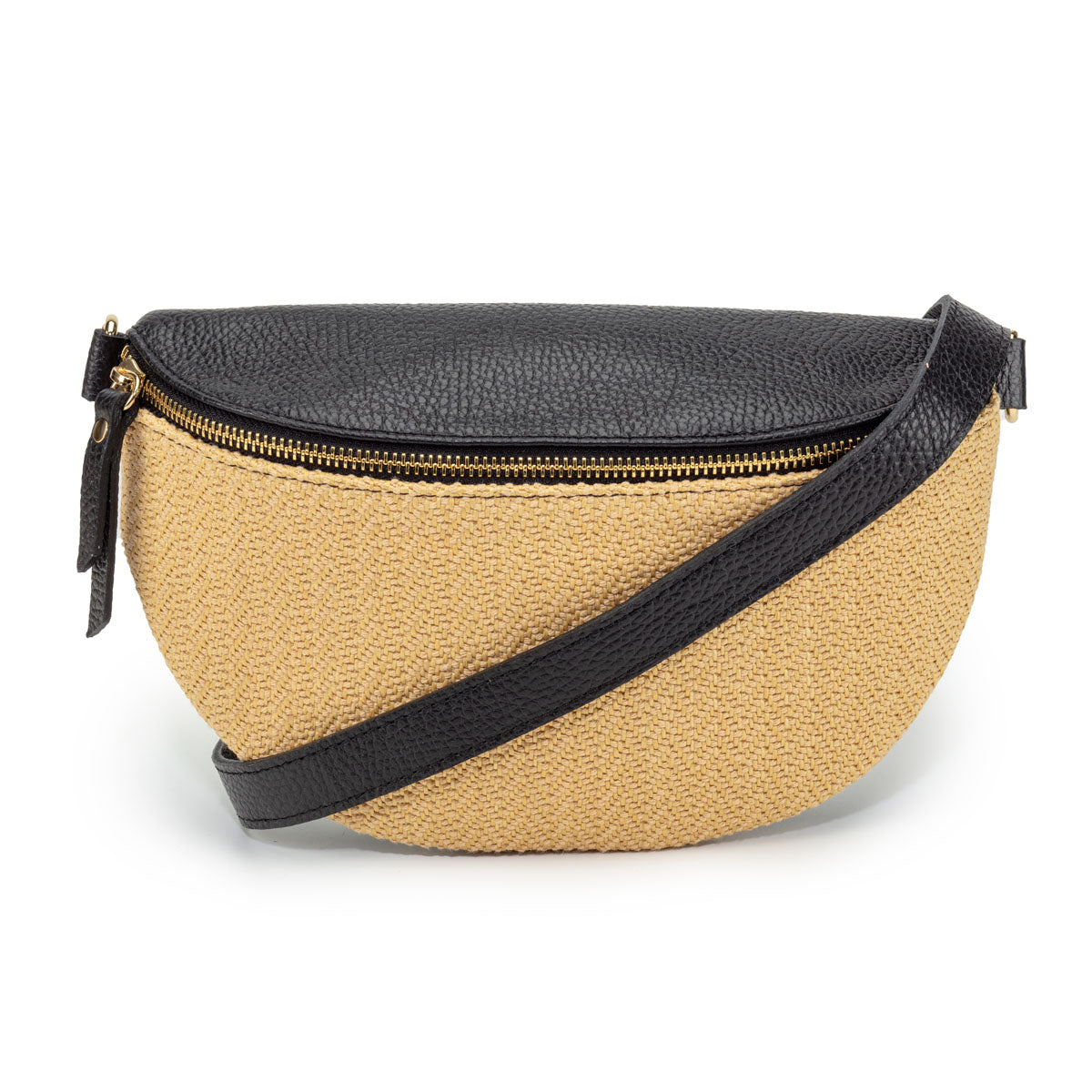 Image of a Raffia Black Leather Slingbag with matching strap for Women by Elie Beaumont