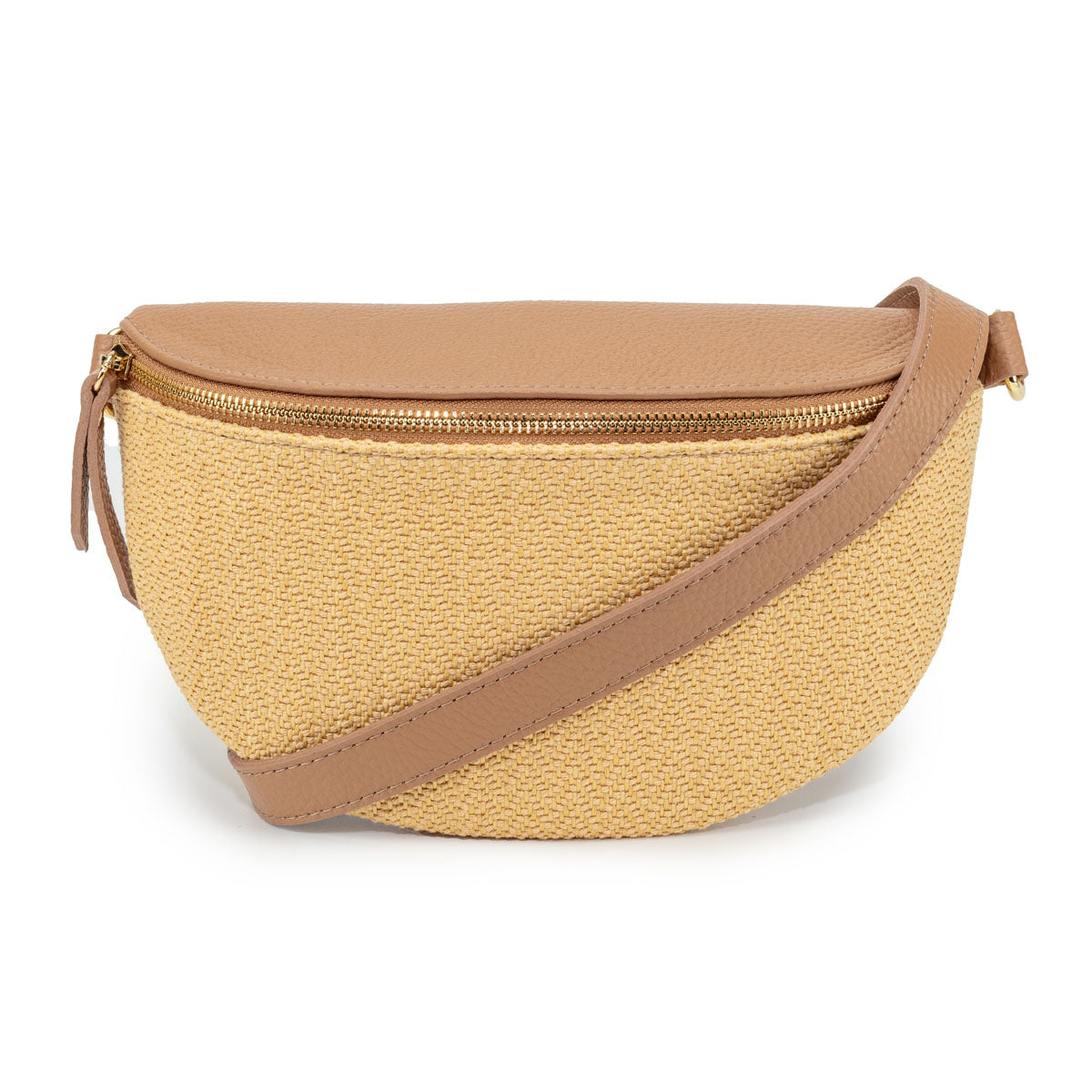 Image of a Raffia Camel Leather Slingbag with matching strap for Women by Elie Beaumont