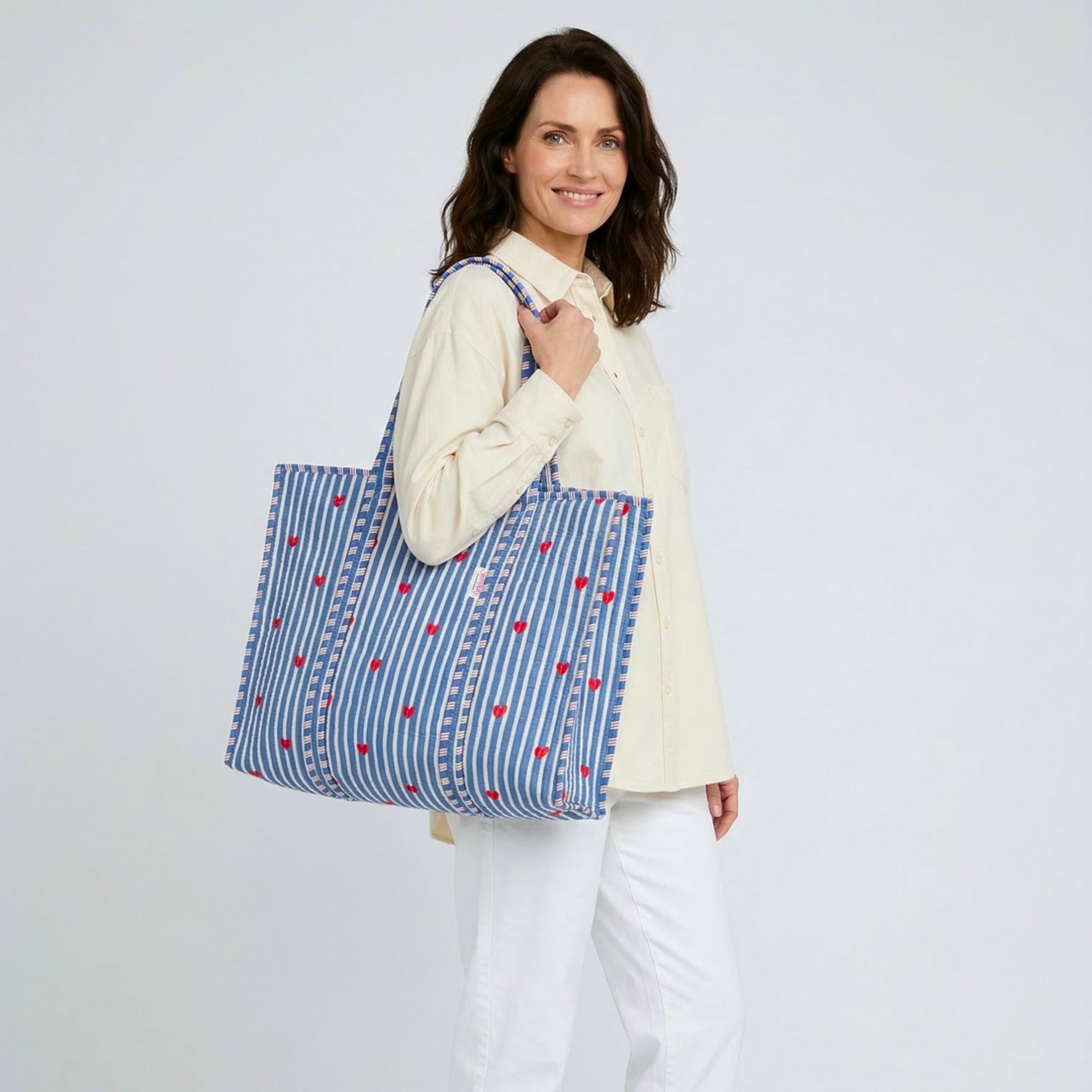 Serendipity Cotton Quilted Tote - Blue Stripe Red Heart