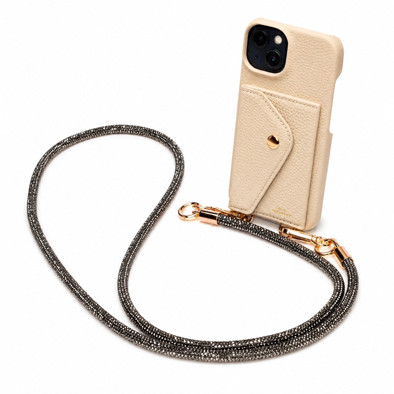 Genuine Leather iPhone Case - Stone - Black Diamante Lanyard