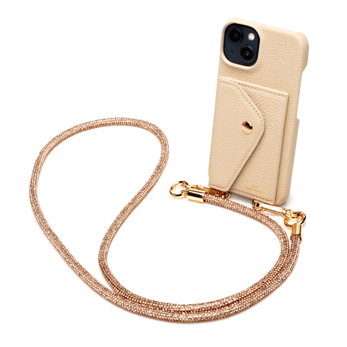 Image of a Stone Hard Leather Phone Pouch with Champagne Diamante Lanyard Strap for Women by Elie Beaumont