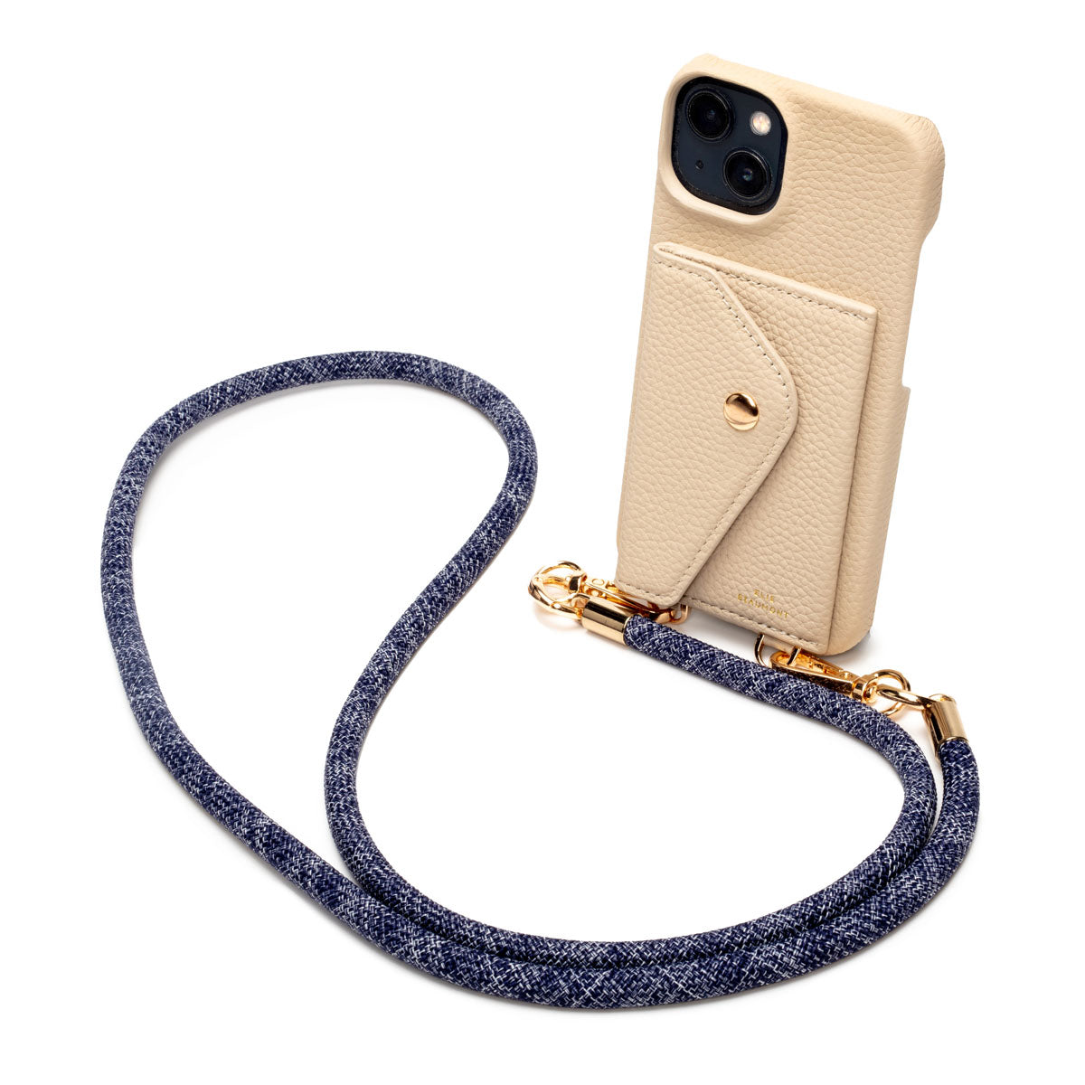 Image of a Stone Hard Leather Phone Pouch with Distressed Denim Lanyard Strap for Women by Elie Beaumont