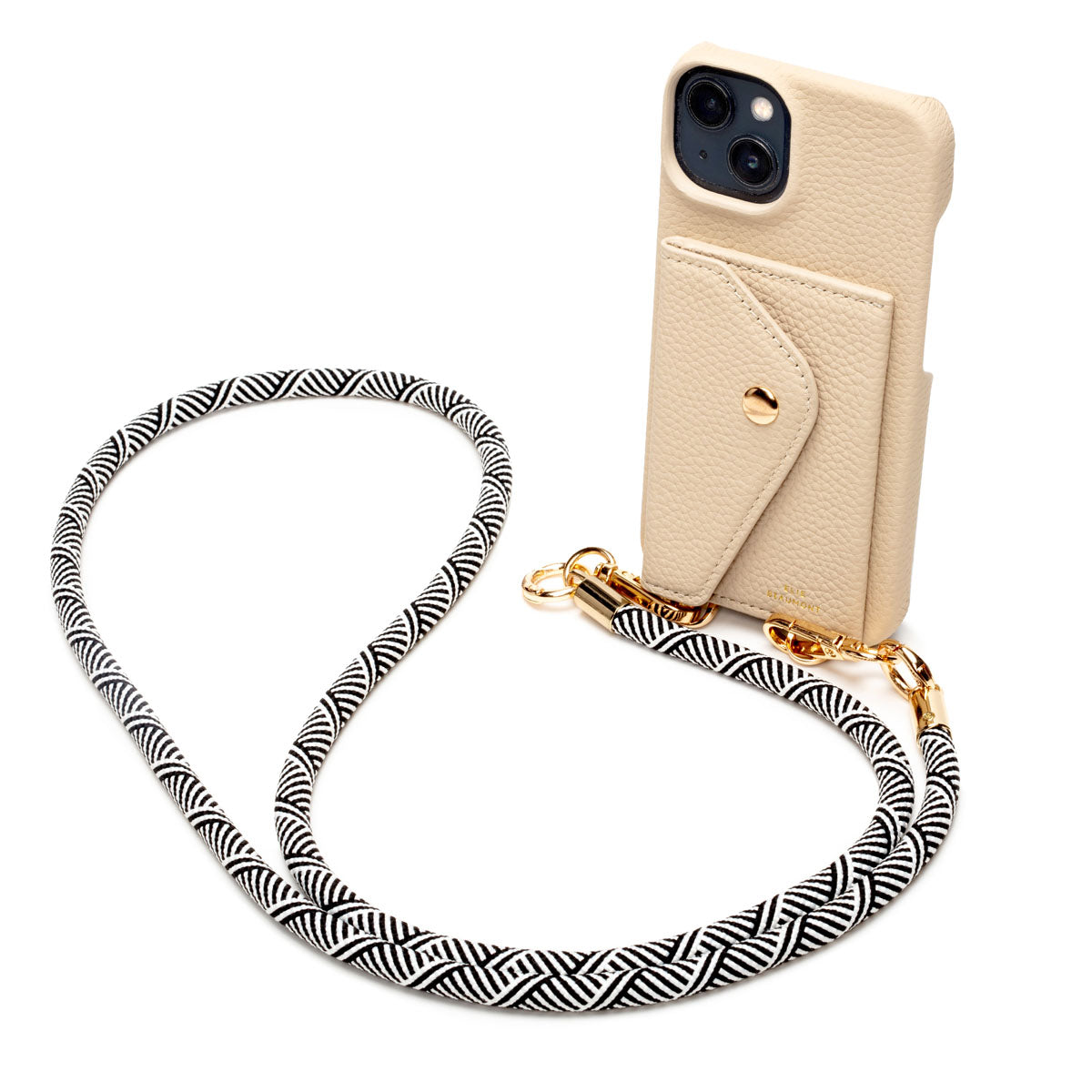 Image of a Stone Hard Leather Phone Pouch with Inca pattern Lanyard Strap for Women by Elie Beaumont