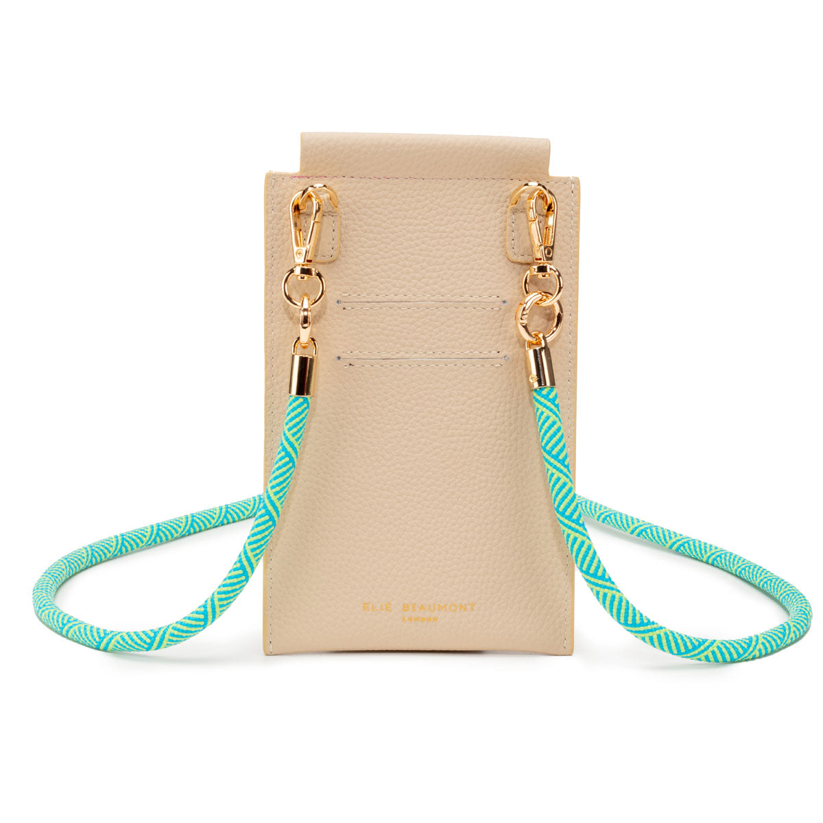 Image of the Stone Leather Phone Pouch for Women by Elie Beaumont with Green Inca Rope Lanyard Strap