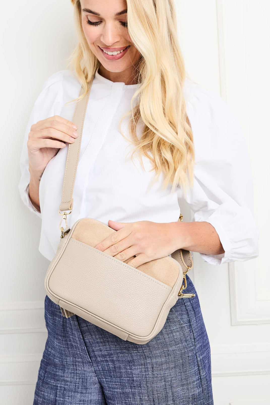 Model Image of a Suede Biscuit Leather Crossbody Tassel bag for Women by Elie Beaumont