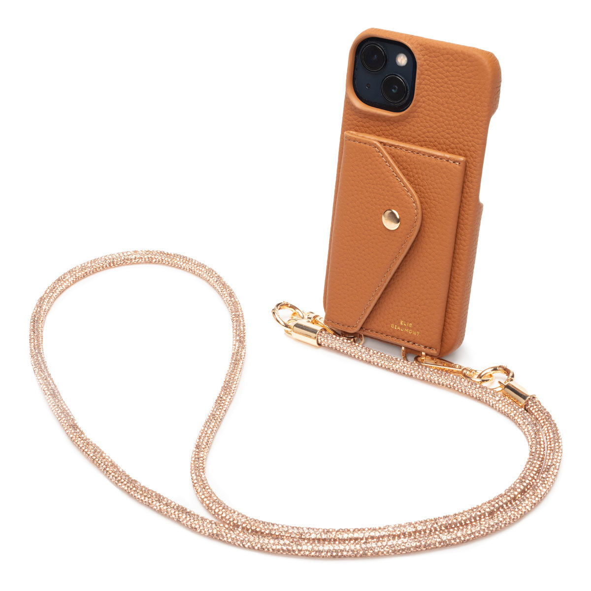 Image of a Tan Hard Leather Phone Pouch with Champagne Diamante Lanyard Strap for Women by Elie Beaumont
