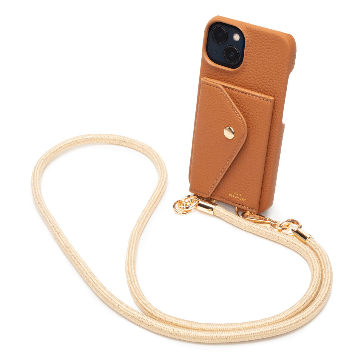 Image of a Tan Hard Leather Phone Pouch with Gold Glam Lanyard Strap for Women by Elie Beaumont
