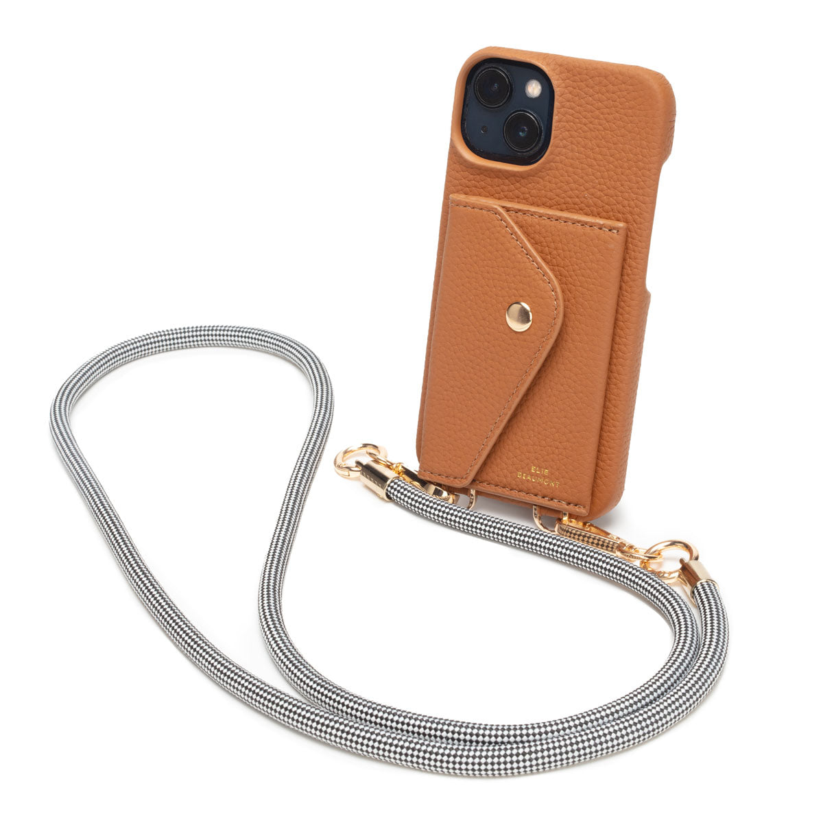 Image of a Tan Hard Leather Phone Pouch with Harlequin Lanyard Strap for Women by Elie Beaumont