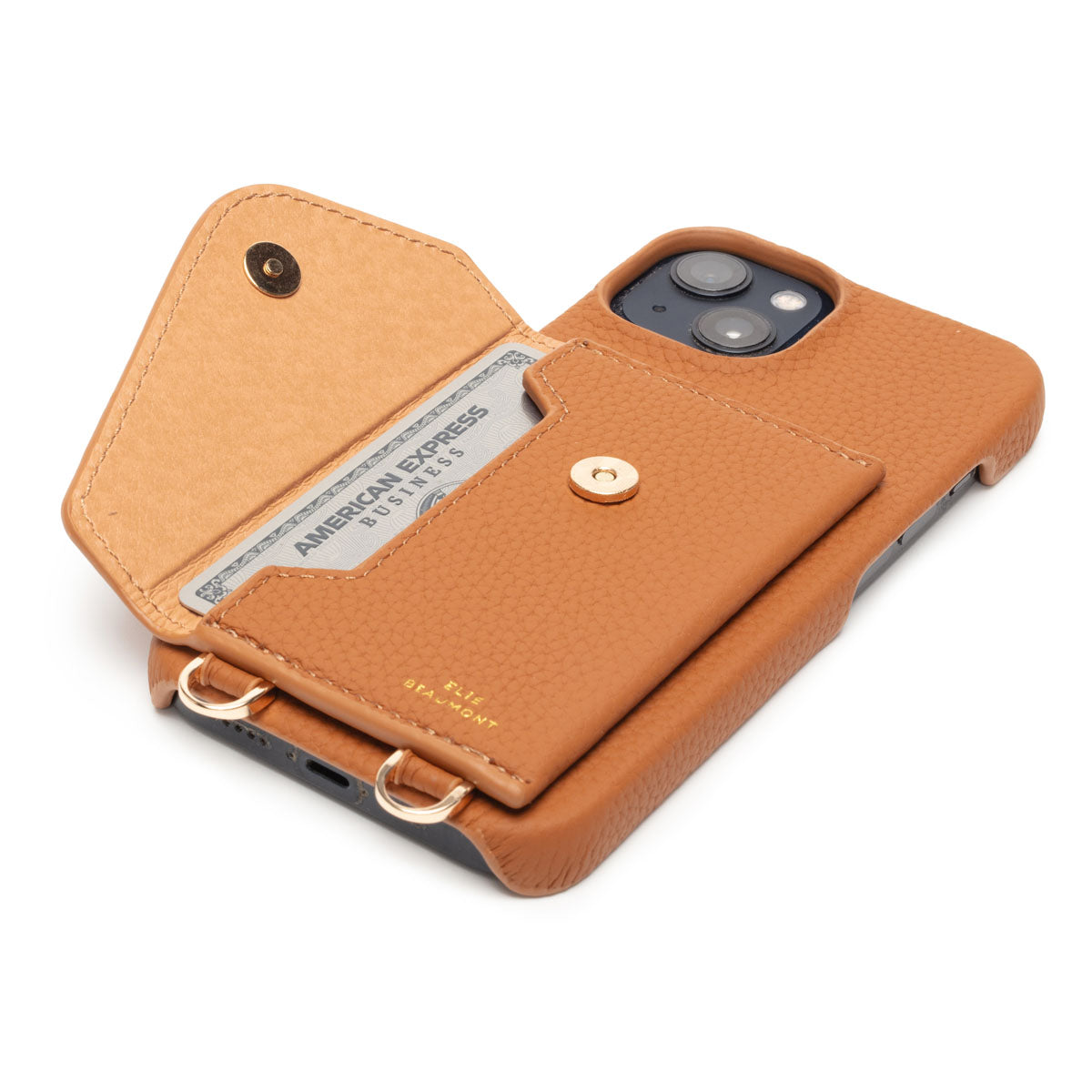 Side Image of a Tan Hard Leather iPhone case for Women with open pocket by Elie Beaumont