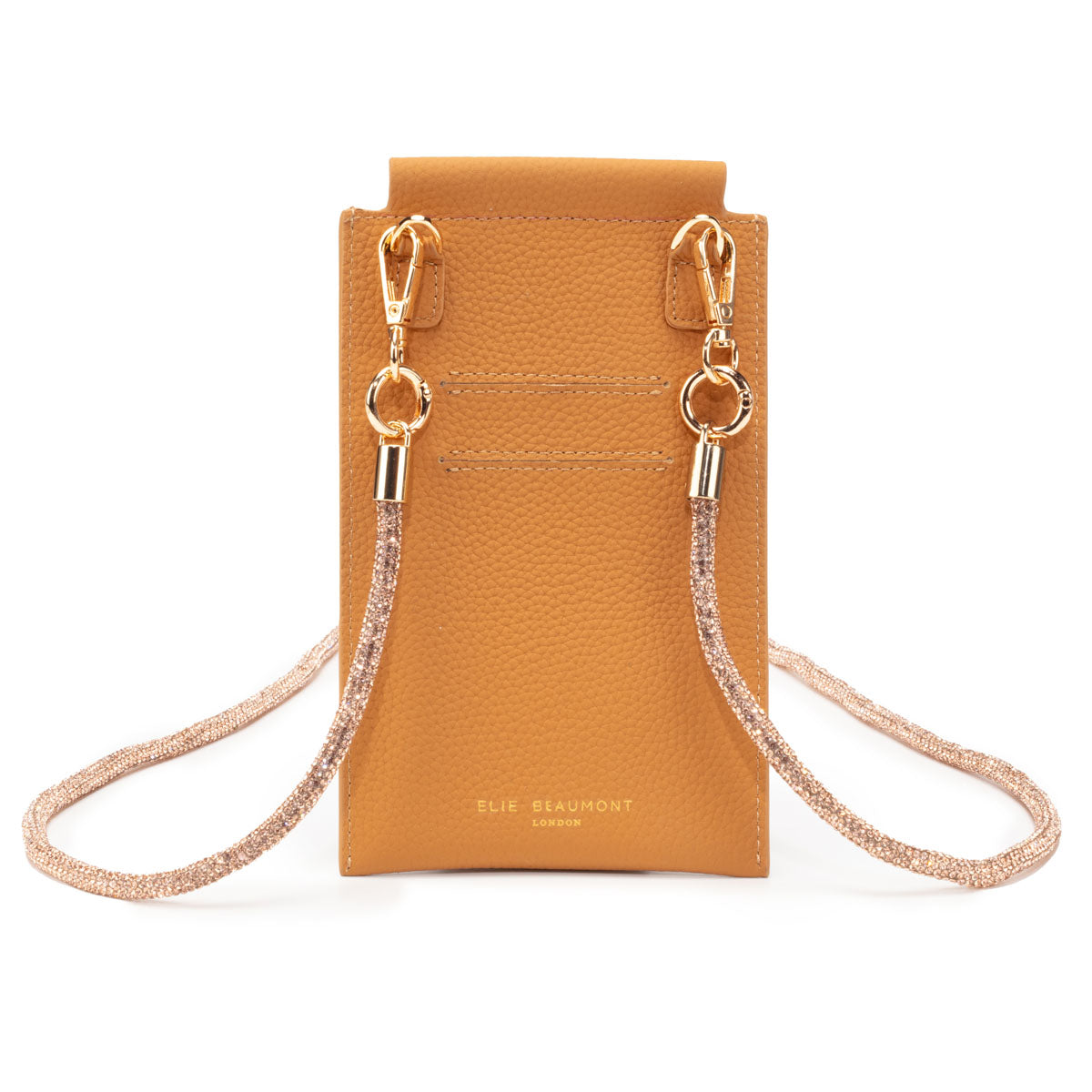 Image of the Light Tan Leather Phone Pouch for Women by Elie Beaumont with Diamante Champagne Lanyard Strap