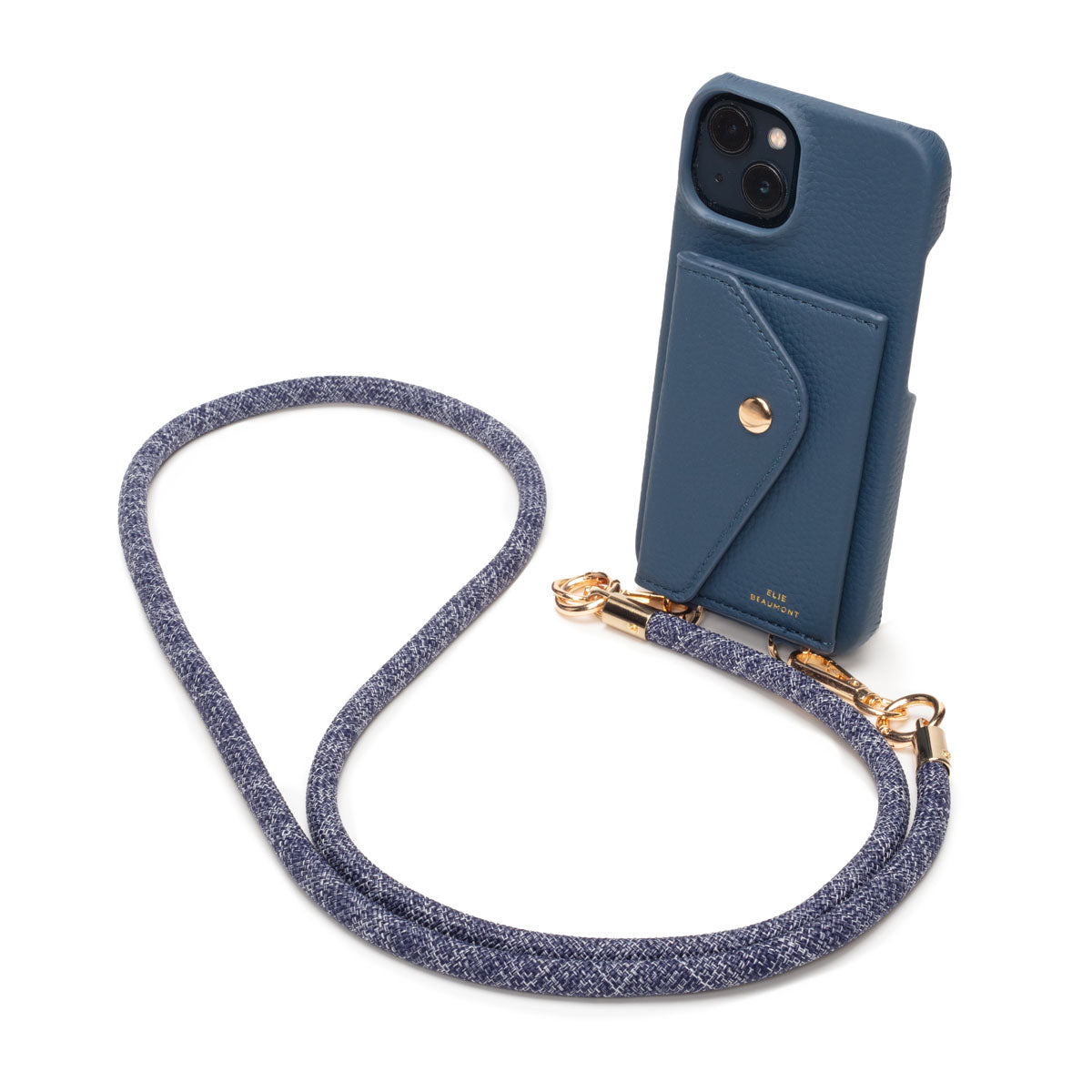 Image of a Teal Hard Leather Phone Pouch with Distressed Denim Lanyard Strap for Women by Elie Beaumont