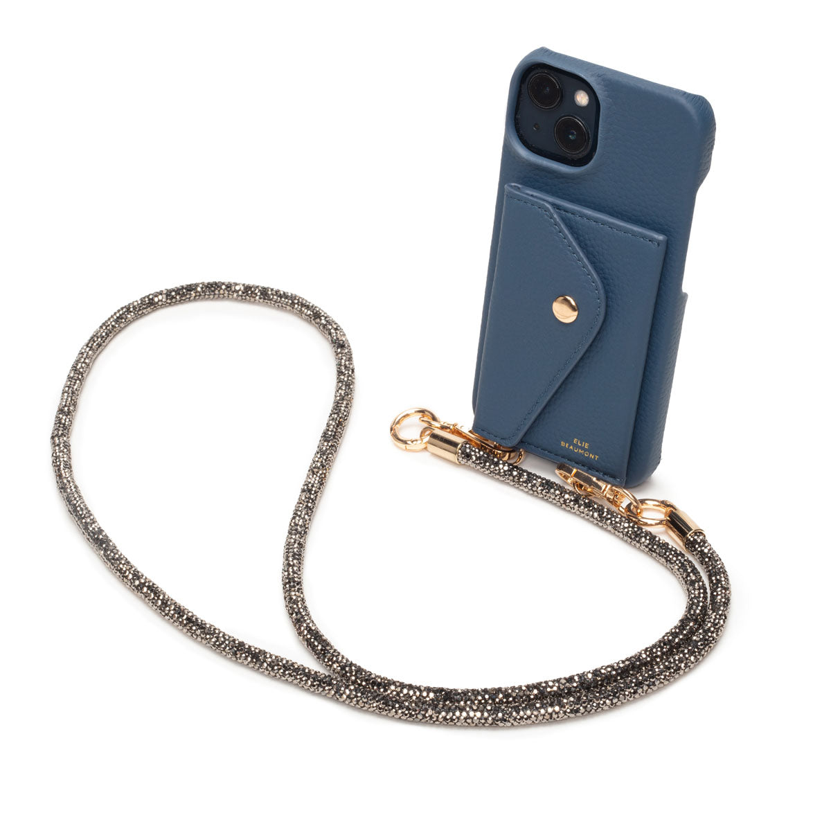 Image of a Teal Hard Leather Phone Pouch with Black Diamante Lanyard Strap for Women by Elie Beaumont