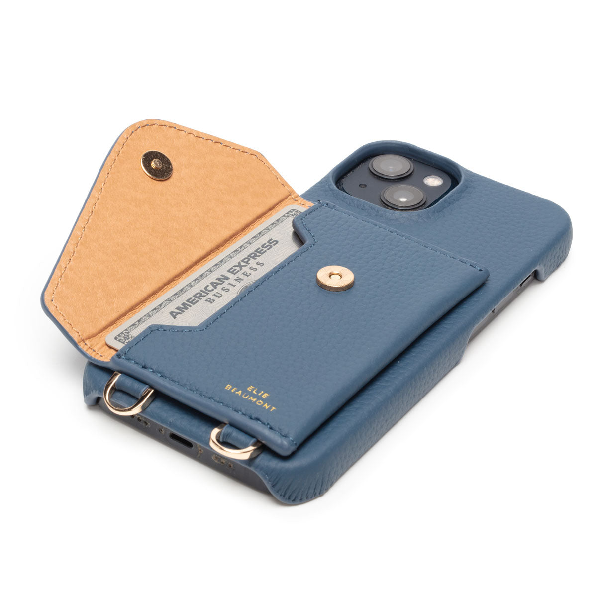 Side Image of a Teal Hard Leather iPhone case for Women with open pocket by Elie Beaumont
