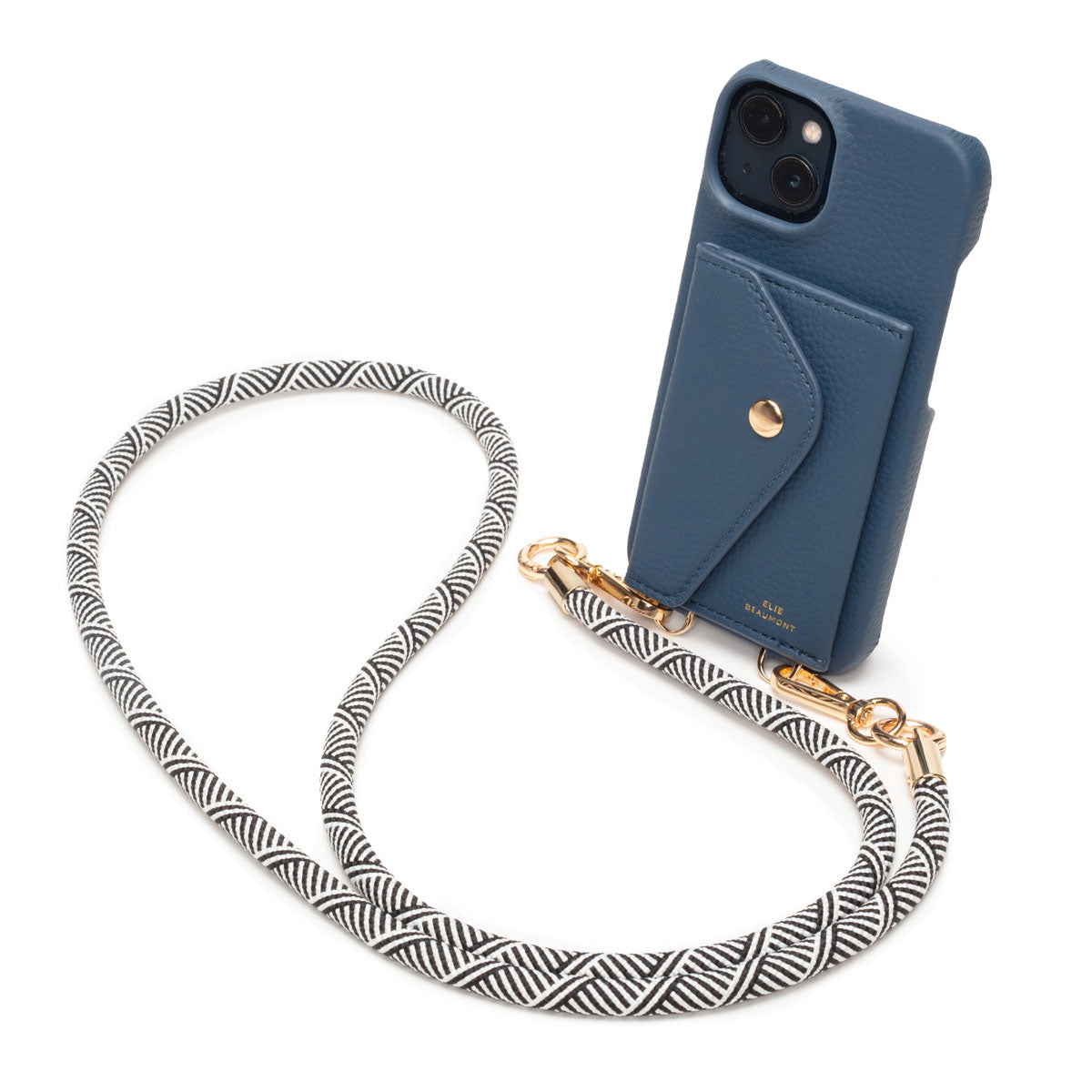 Image of a Teal Hard Leather Phone Pouch with Black Inca Lanyard Strap for Women by Elie Beaumont