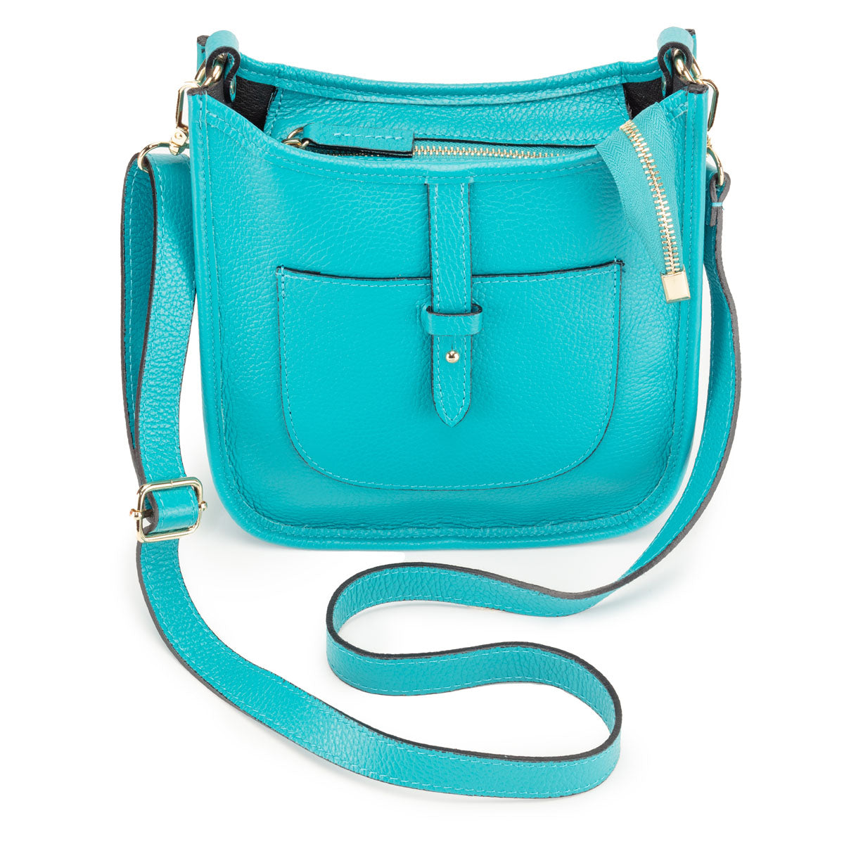 Image of a Turquoise Blue Leather Messenger Bag with matching strap for Women by Elie Beaumont