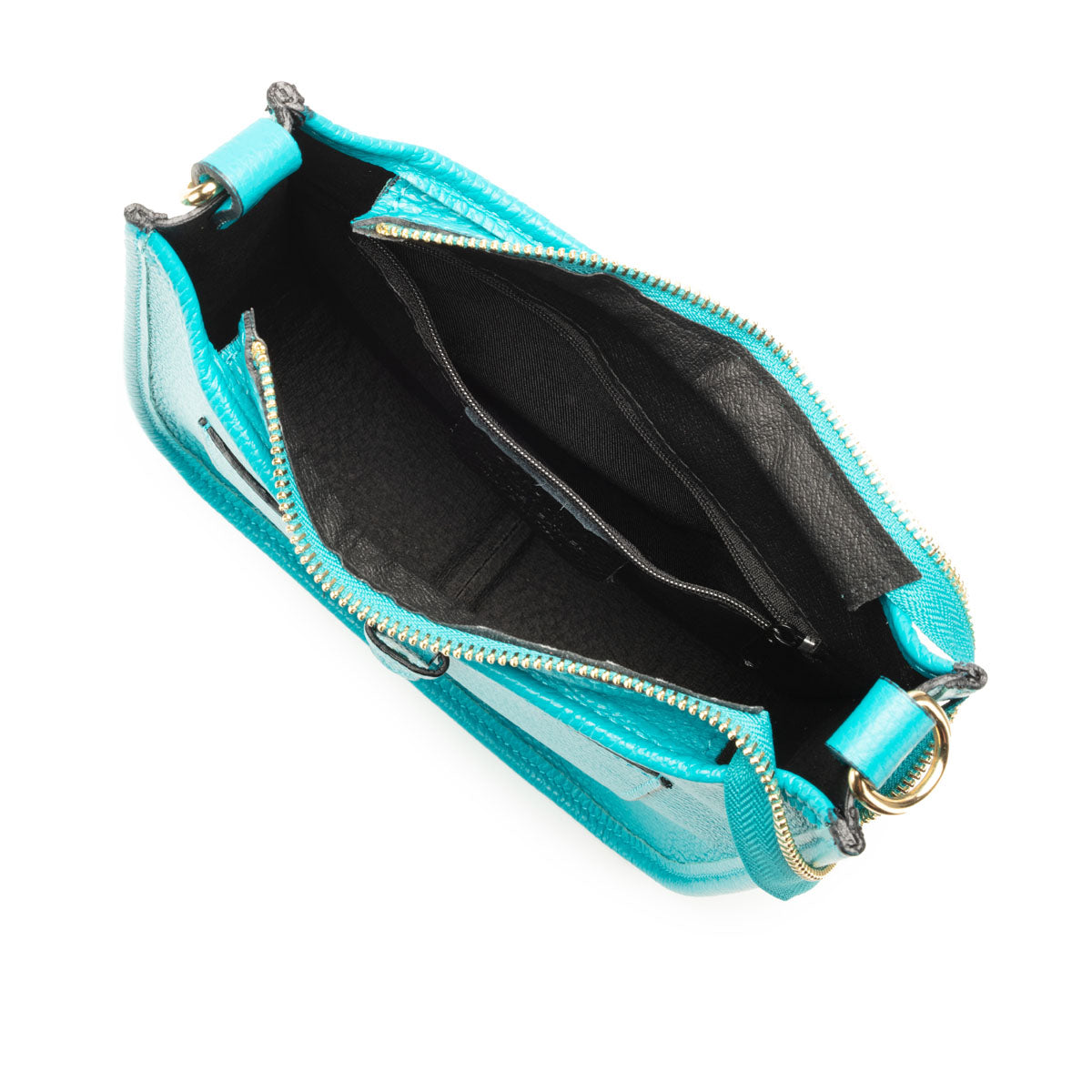 Birds Eye Image of an open Turquoise Blue Leather Messenger bag for Women by Elie Beaumont