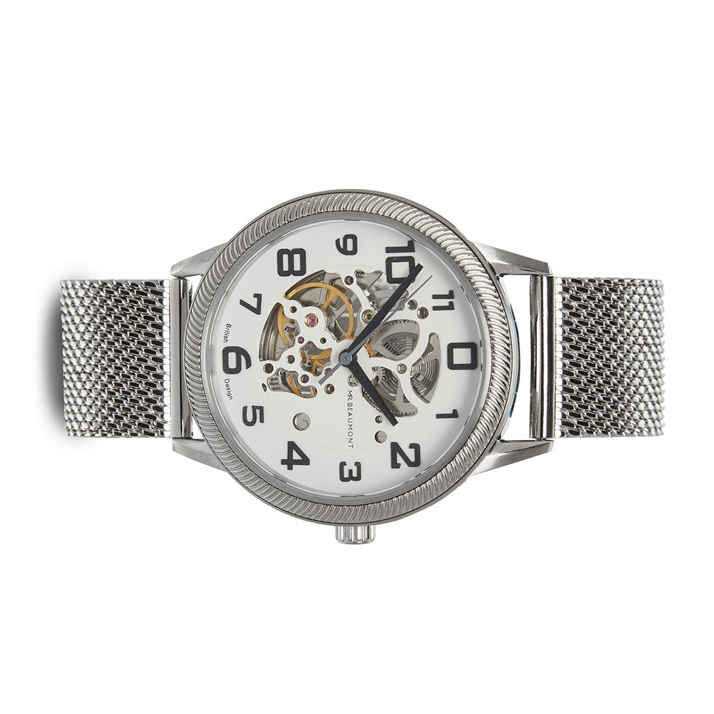 Mr. Beaumont automatic men's skeleton watch with a silver mesh band